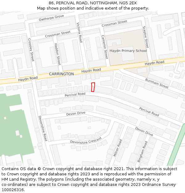 86, PERCIVAL ROAD, NOTTINGHAM, NG5 2EX: Location map and indicative extent of plot