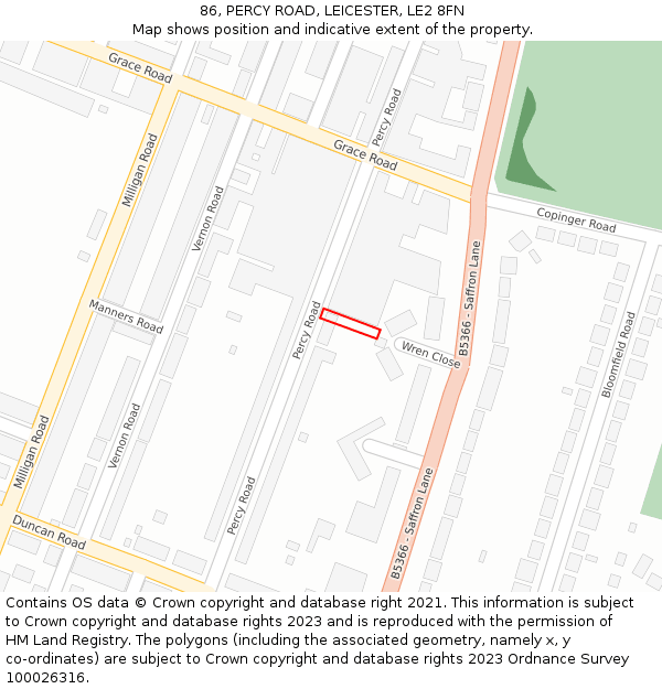86, PERCY ROAD, LEICESTER, LE2 8FN: Location map and indicative extent of plot