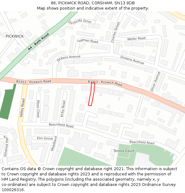 86, PICKWICK ROAD, CORSHAM, SN13 9DB: Location map and indicative extent of plot