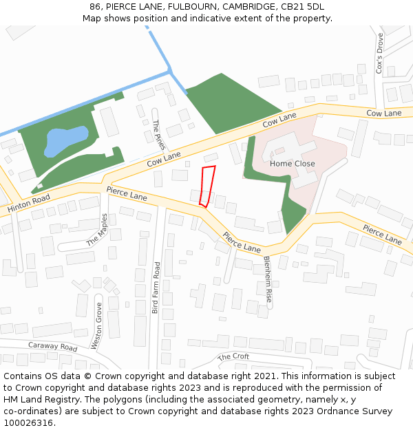 86, PIERCE LANE, FULBOURN, CAMBRIDGE, CB21 5DL: Location map and indicative extent of plot