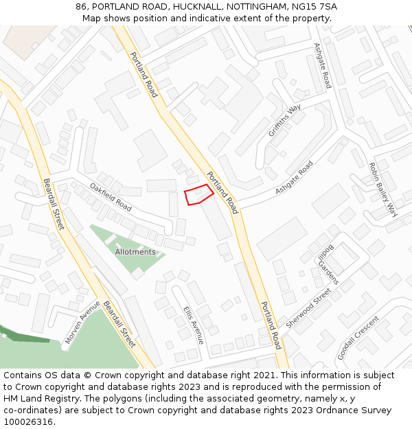 86, PORTLAND ROAD, HUCKNALL, NOTTINGHAM, NG15 7SA: Location map and indicative extent of plot