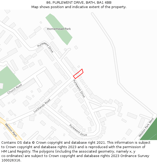 86, PURLEWENT DRIVE, BATH, BA1 4BB: Location map and indicative extent of plot