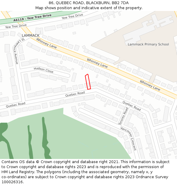 86, QUEBEC ROAD, BLACKBURN, BB2 7DA: Location map and indicative extent of plot