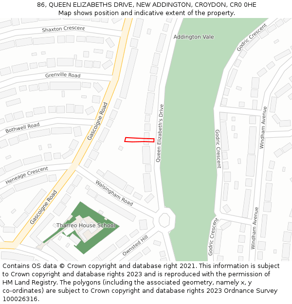 86, QUEEN ELIZABETHS DRIVE, NEW ADDINGTON, CROYDON, CR0 0HE: Location map and indicative extent of plot