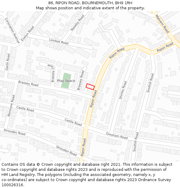 86, RIPON ROAD, BOURNEMOUTH, BH9 1RH: Location map and indicative extent of plot