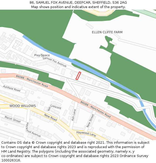 86, SAMUEL FOX AVENUE, DEEPCAR, SHEFFIELD, S36 2AG: Location map and indicative extent of plot