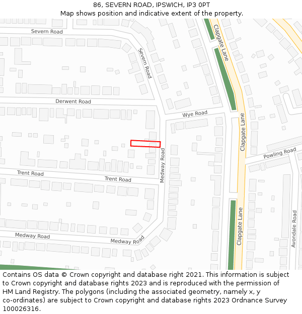 86, SEVERN ROAD, IPSWICH, IP3 0PT: Location map and indicative extent of plot