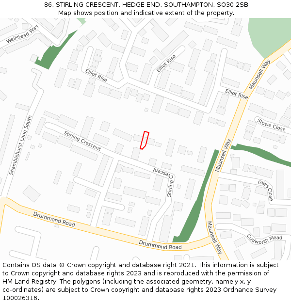 86, STIRLING CRESCENT, HEDGE END, SOUTHAMPTON, SO30 2SB: Location map and indicative extent of plot
