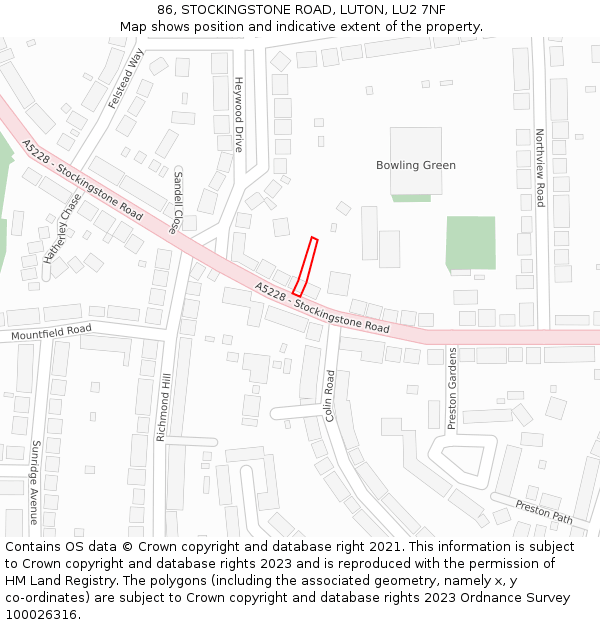 86, STOCKINGSTONE ROAD, LUTON, LU2 7NF: Location map and indicative extent of plot