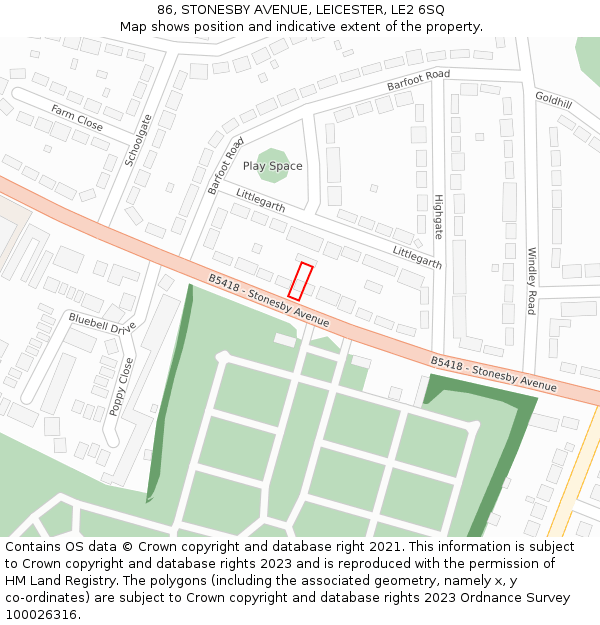 86, STONESBY AVENUE, LEICESTER, LE2 6SQ: Location map and indicative extent of plot