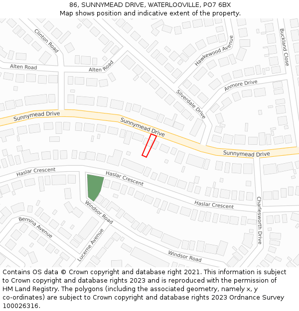 86, SUNNYMEAD DRIVE, WATERLOOVILLE, PO7 6BX: Location map and indicative extent of plot