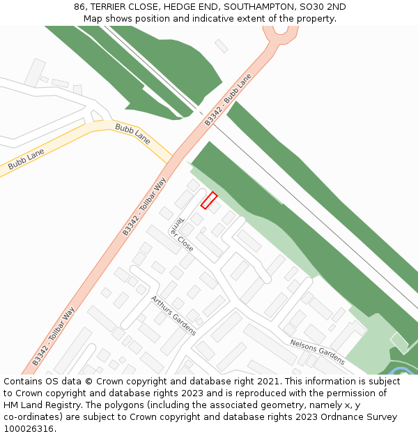 86, TERRIER CLOSE, HEDGE END, SOUTHAMPTON, SO30 2ND: Location map and indicative extent of plot