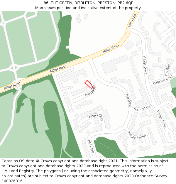 86, THE GREEN, RIBBLETON, PRESTON, PR2 6QF: Location map and indicative extent of plot