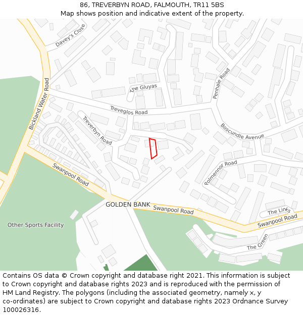 86, TREVERBYN ROAD, FALMOUTH, TR11 5BS: Location map and indicative extent of plot