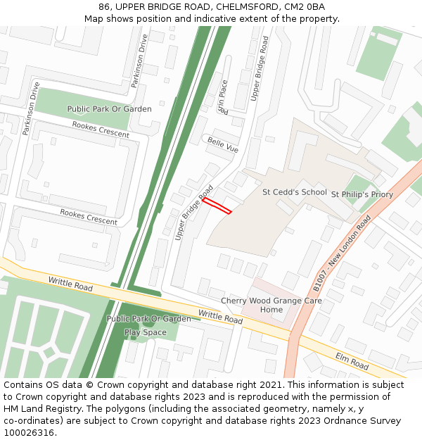 86, UPPER BRIDGE ROAD, CHELMSFORD, CM2 0BA: Location map and indicative extent of plot