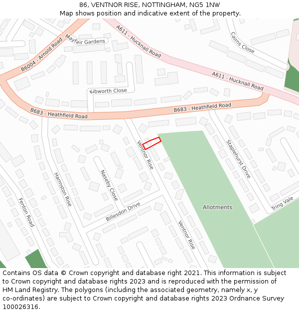 86, VENTNOR RISE, NOTTINGHAM, NG5 1NW: Location map and indicative extent of plot