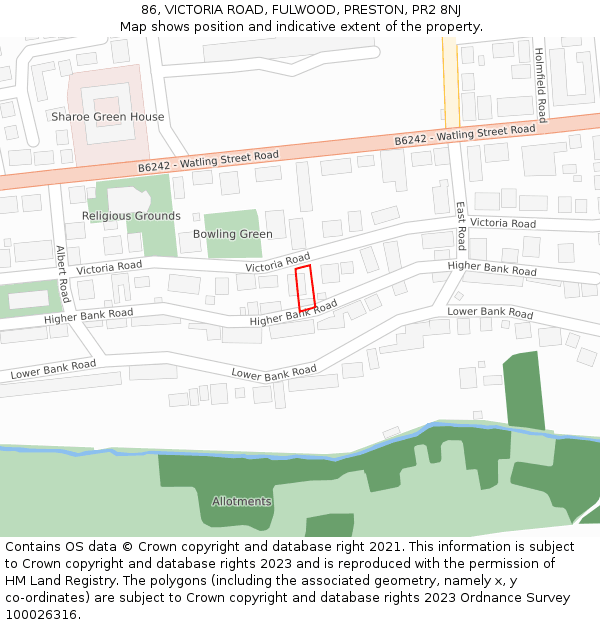 86, VICTORIA ROAD, FULWOOD, PRESTON, PR2 8NJ: Location map and indicative extent of plot