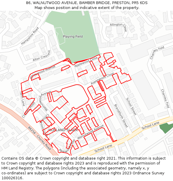 86, WALNUTWOOD AVENUE, BAMBER BRIDGE, PRESTON, PR5 6DS: Location map and indicative extent of plot