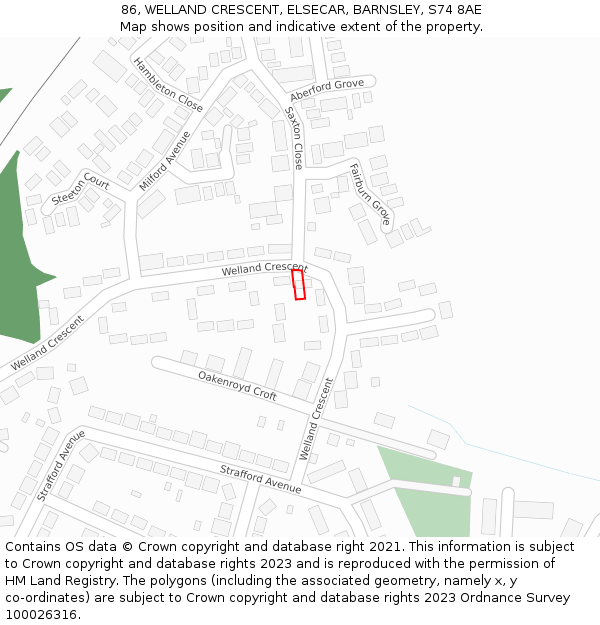 86, WELLAND CRESCENT, ELSECAR, BARNSLEY, S74 8AE: Location map and indicative extent of plot