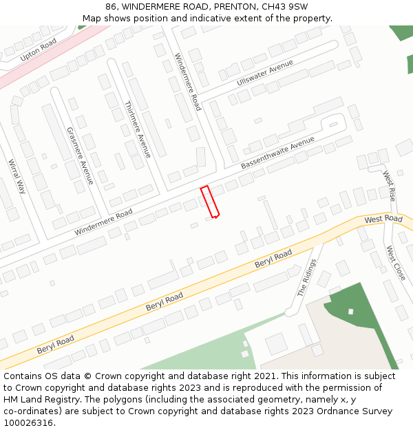 86, WINDERMERE ROAD, PRENTON, CH43 9SW: Location map and indicative extent of plot