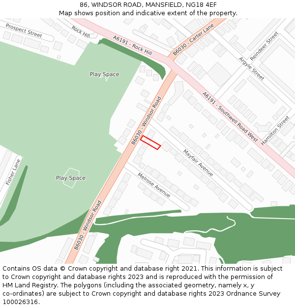86, WINDSOR ROAD, MANSFIELD, NG18 4EF: Location map and indicative extent of plot