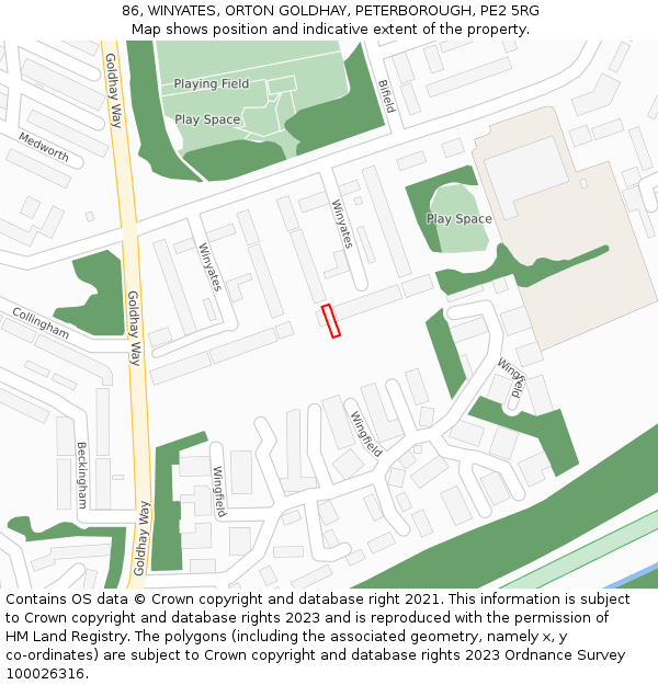 86, WINYATES, ORTON GOLDHAY, PETERBOROUGH, PE2 5RG: Location map and indicative extent of plot