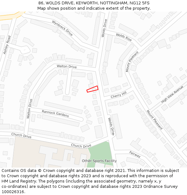86, WOLDS DRIVE, KEYWORTH, NOTTINGHAM, NG12 5FS: Location map and indicative extent of plot
