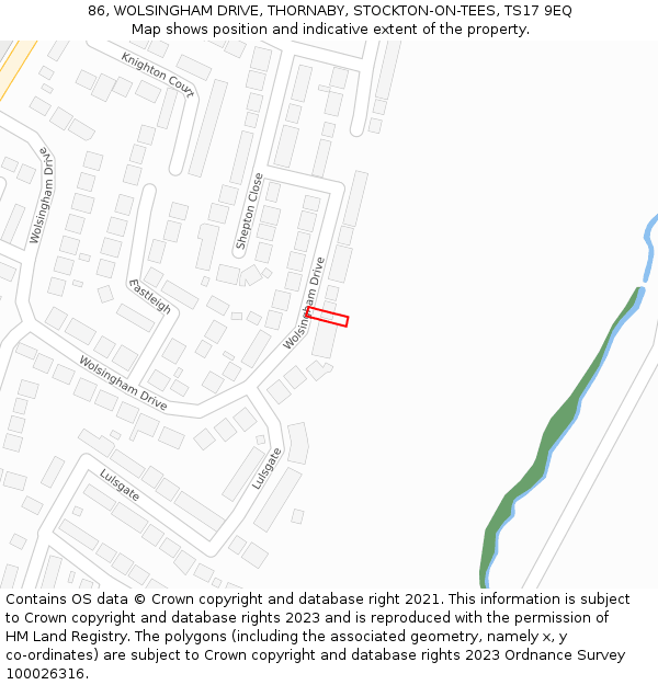 86, WOLSINGHAM DRIVE, THORNABY, STOCKTON-ON-TEES, TS17 9EQ: Location map and indicative extent of plot