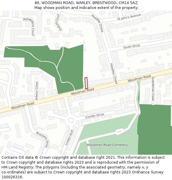 86, WOODMAN ROAD, WARLEY, BRENTWOOD, CM14 5AZ: Location map and indicative extent of plot