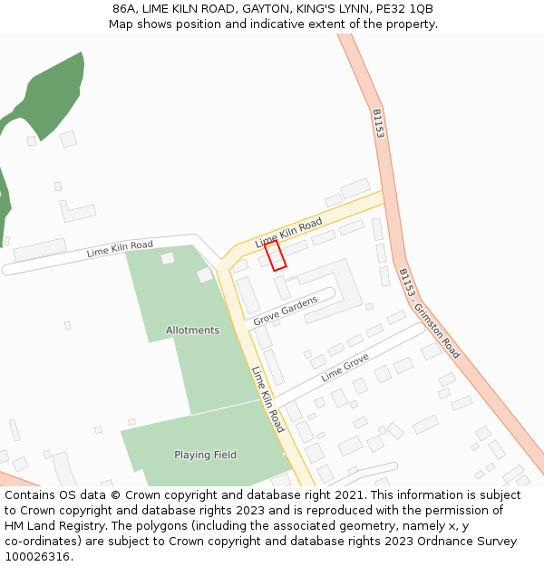 86A, LIME KILN ROAD, GAYTON, KING'S LYNN, PE32 1QB: Location map and indicative extent of plot