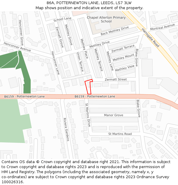86A, POTTERNEWTON LANE, LEEDS, LS7 3LW: Location map and indicative extent of plot