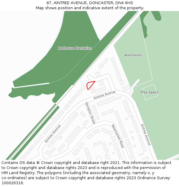 87, AINTREE AVENUE, DONCASTER, DN4 6HS: Location map and indicative extent of plot