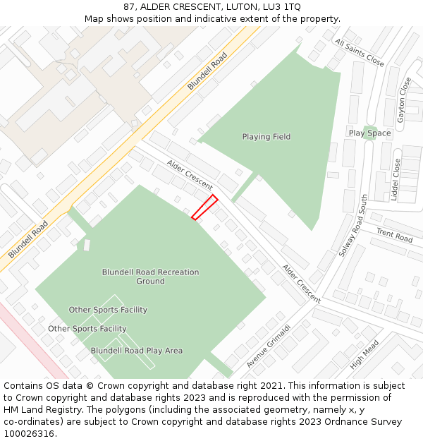 87, ALDER CRESCENT, LUTON, LU3 1TQ: Location map and indicative extent of plot