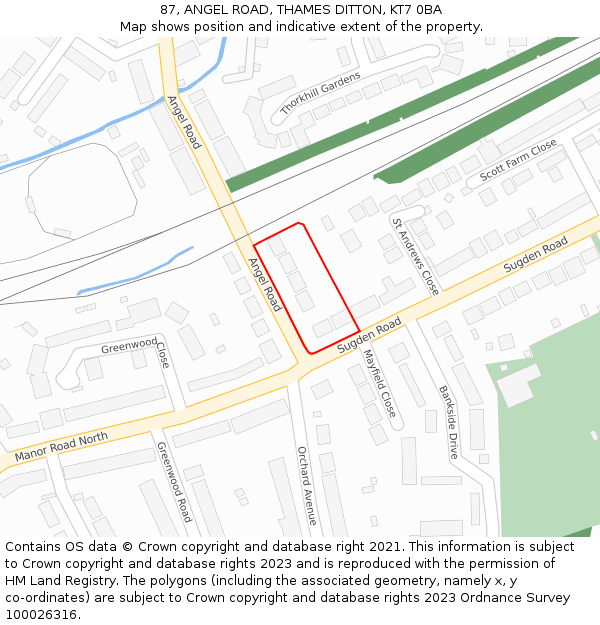 87, ANGEL ROAD, THAMES DITTON, KT7 0BA: Location map and indicative extent of plot