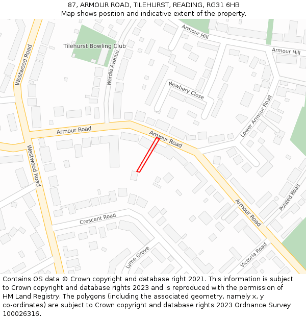 87, ARMOUR ROAD, TILEHURST, READING, RG31 6HB: Location map and indicative extent of plot