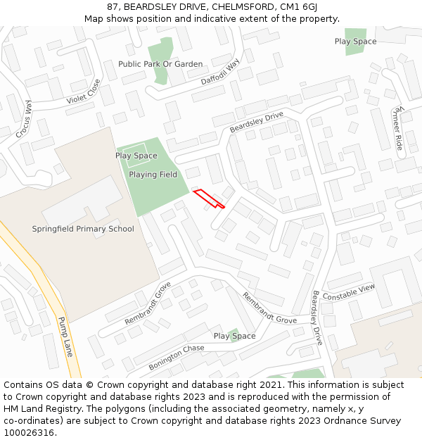 87, BEARDSLEY DRIVE, CHELMSFORD, CM1 6GJ: Location map and indicative extent of plot
