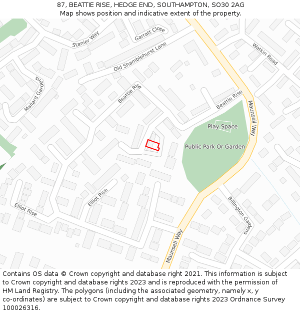87, BEATTIE RISE, HEDGE END, SOUTHAMPTON, SO30 2AG: Location map and indicative extent of plot