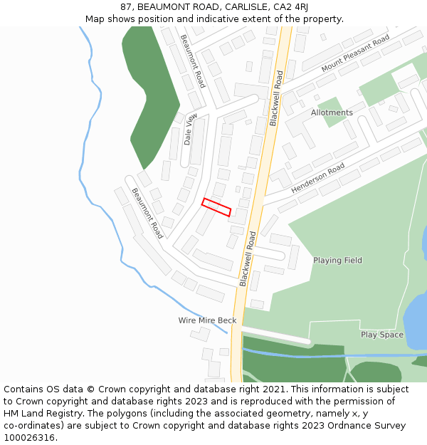 87, BEAUMONT ROAD, CARLISLE, CA2 4RJ: Location map and indicative extent of plot