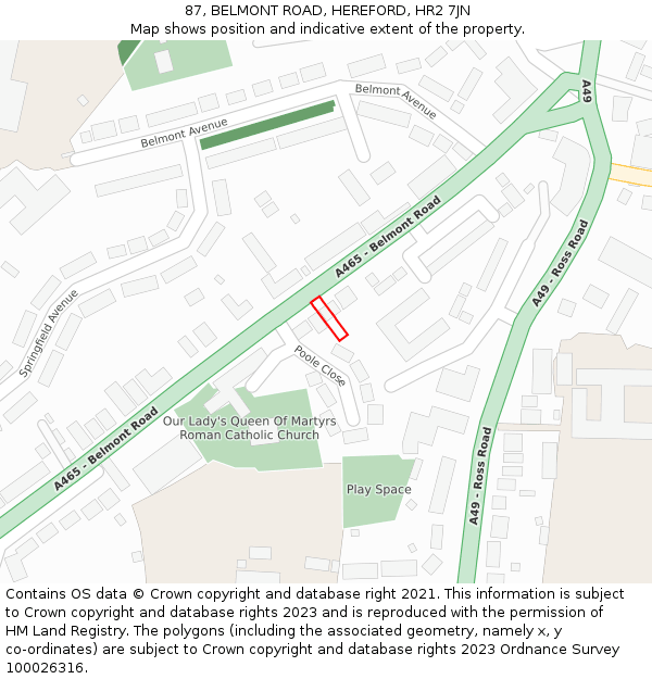 87, BELMONT ROAD, HEREFORD, HR2 7JN: Location map and indicative extent of plot