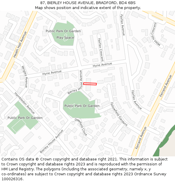 87, BIERLEY HOUSE AVENUE, BRADFORD, BD4 6BS: Location map and indicative extent of plot