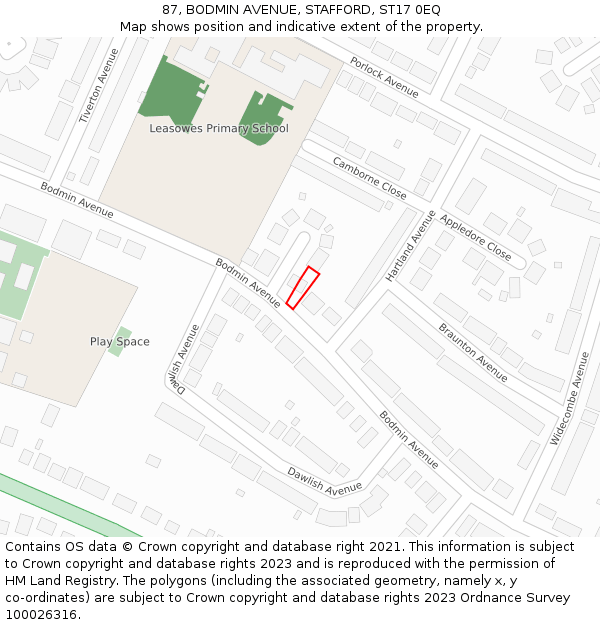 87, BODMIN AVENUE, STAFFORD, ST17 0EQ: Location map and indicative extent of plot