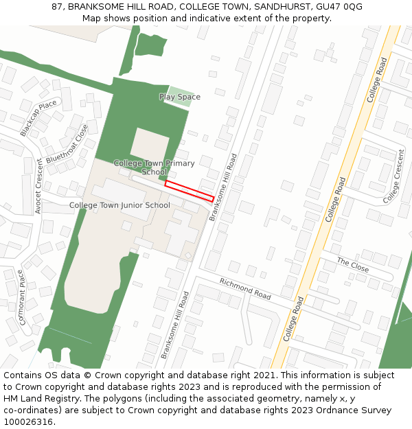 87, BRANKSOME HILL ROAD, COLLEGE TOWN, SANDHURST, GU47 0QG: Location map and indicative extent of plot