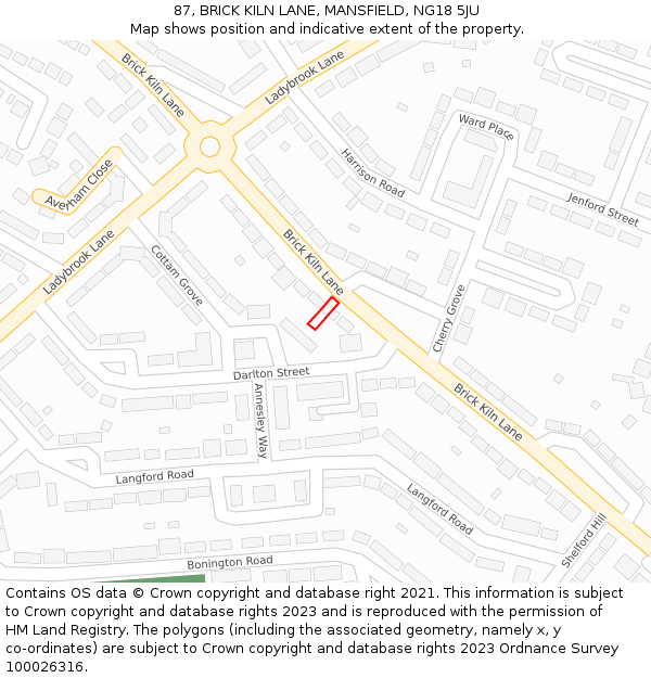 87, BRICK KILN LANE, MANSFIELD, NG18 5JU: Location map and indicative extent of plot