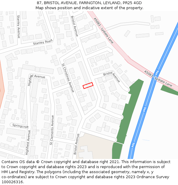87, BRISTOL AVENUE, FARINGTON, LEYLAND, PR25 4GD: Location map and indicative extent of plot