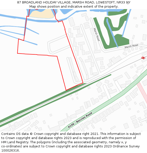 87 BROADLAND HOLIDAY VILLAGE, MARSH ROAD, LOWESTOFT, NR33 9JY: Location map and indicative extent of plot