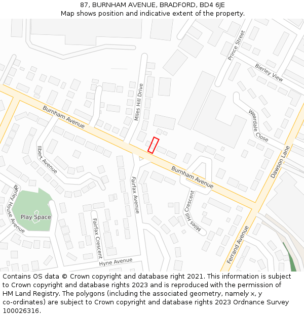 87, BURNHAM AVENUE, BRADFORD, BD4 6JE: Location map and indicative extent of plot