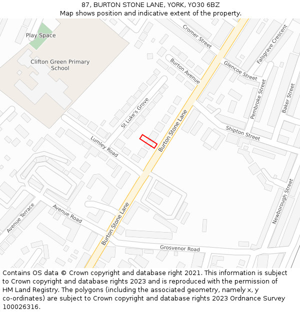87, BURTON STONE LANE, YORK, YO30 6BZ: Location map and indicative extent of plot