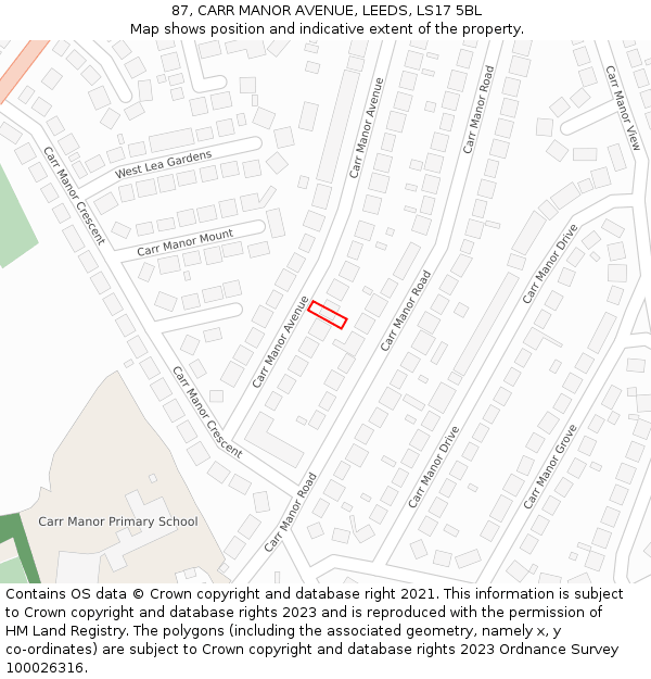 87, CARR MANOR AVENUE, LEEDS, LS17 5BL: Location map and indicative extent of plot