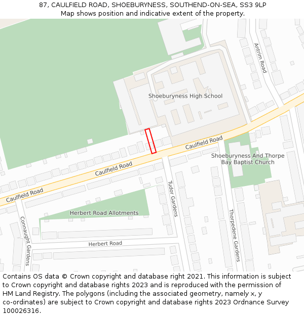 87, CAULFIELD ROAD, SHOEBURYNESS, SOUTHEND-ON-SEA, SS3 9LP: Location map and indicative extent of plot