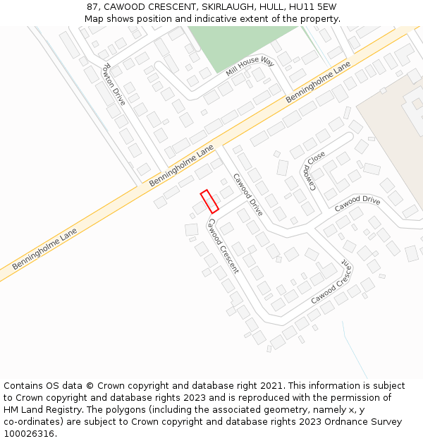 87, CAWOOD CRESCENT, SKIRLAUGH, HULL, HU11 5EW: Location map and indicative extent of plot